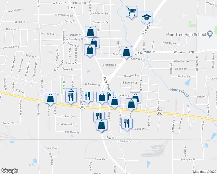 map of restaurants, bars, coffee shops, grocery stores, and more near 449 Farm to Market Road 1845 in Longview