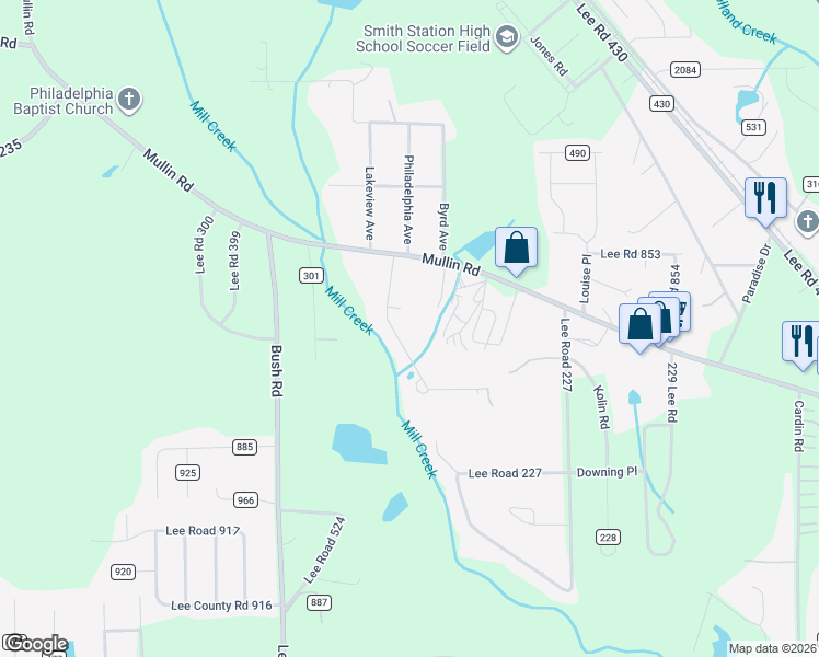 map of restaurants, bars, coffee shops, grocery stores, and more near 197 Lee Road 302 in Smiths Station