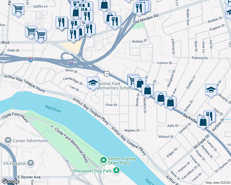 map of restaurants, bars, coffee shops, grocery stores, and more near 2121 Evans Street in Bossier City