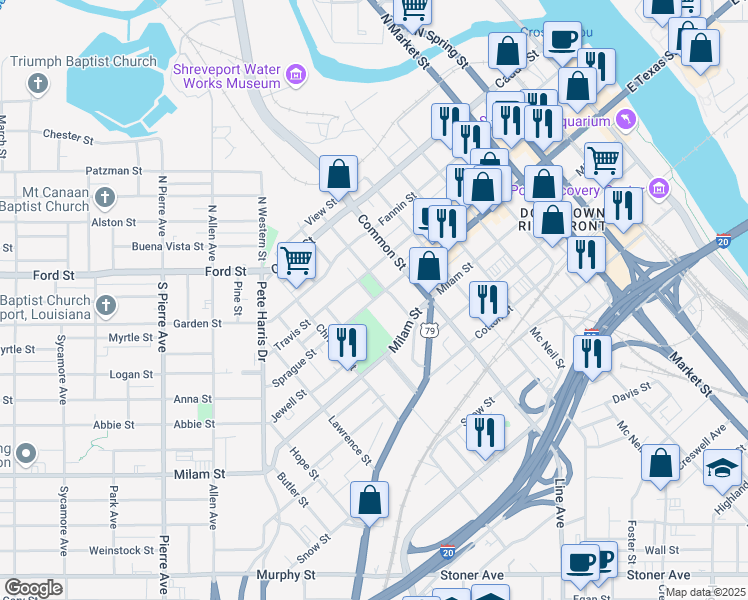 map of restaurants, bars, coffee shops, grocery stores, and more near Baker Street in Shreveport