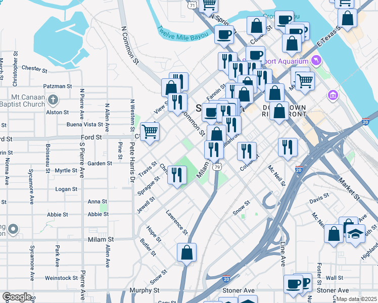 map of restaurants, bars, coffee shops, grocery stores, and more near Baker Street in Shreveport