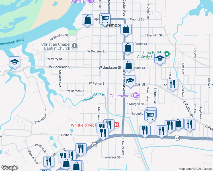 map of restaurants, bars, coffee shops, grocery stores, and more near 101 West Pettus Street in Demopolis