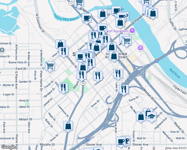 map of restaurants, bars, coffee shops, grocery stores, and more near in Shreveport