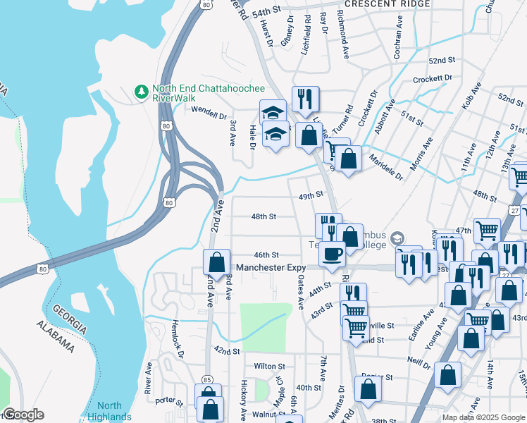 map of restaurants, bars, coffee shops, grocery stores, and more near 417 48th Street in Columbus
