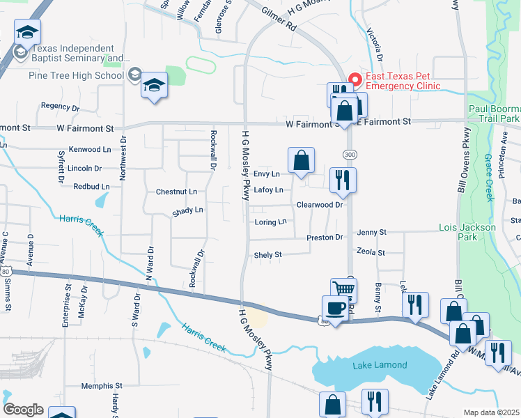map of restaurants, bars, coffee shops, grocery stores, and more near 1720 Clearwood Drive in Longview