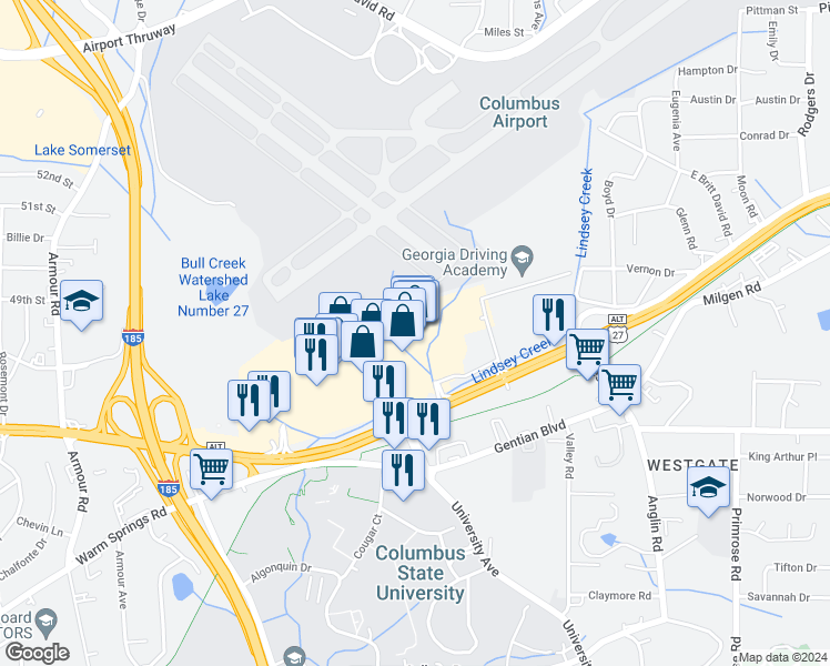 map of restaurants, bars, coffee shops, grocery stores, and more near 3507 Manchester Expressway in Columbus