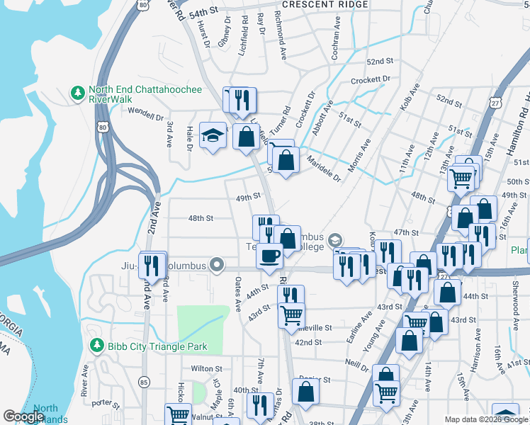 map of restaurants, bars, coffee shops, grocery stores, and more near 4707 River Road in Columbus