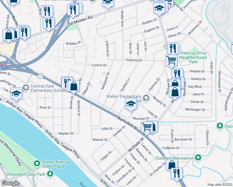 map of restaurants, bars, coffee shops, grocery stores, and more near 1133 Dudley Lane in Bossier City
