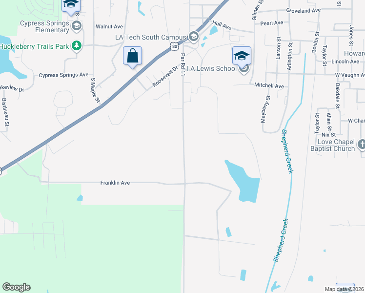 map of restaurants, bars, coffee shops, grocery stores, and more near 1700 Par Road 11 in Ruston