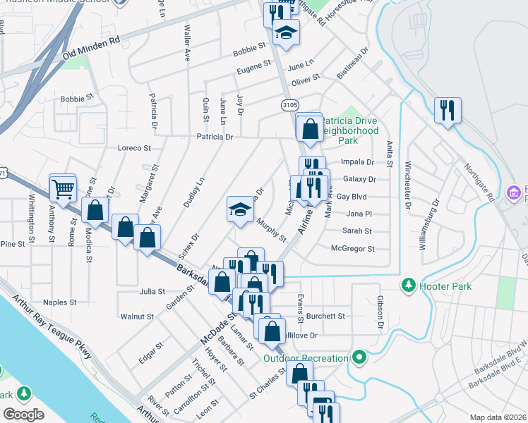 map of restaurants, bars, coffee shops, grocery stores, and more near 1300 Shamrock Street in Bossier City