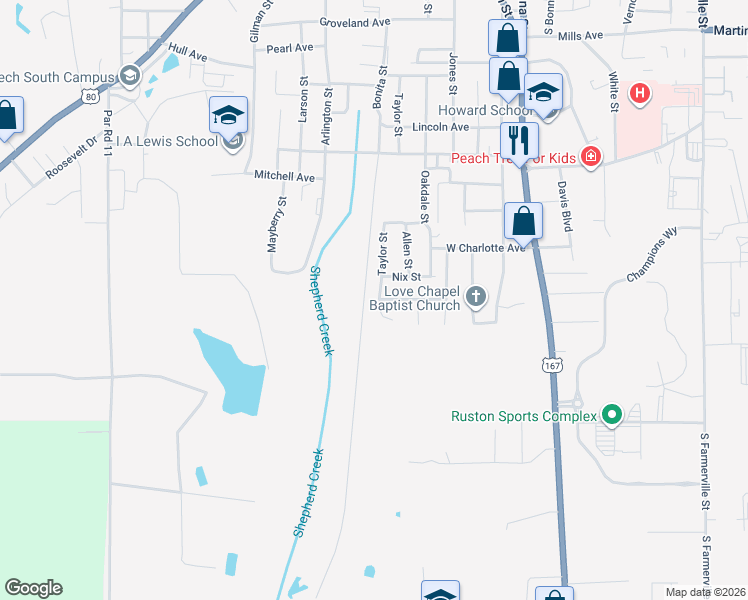 map of restaurants, bars, coffee shops, grocery stores, and more near 1612 Skyline Drive in Ruston