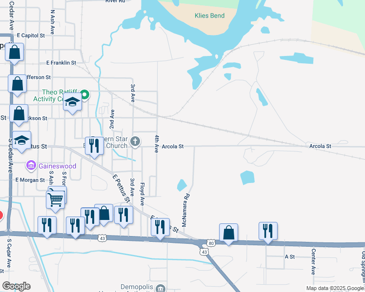 map of restaurants, bars, coffee shops, grocery stores, and more near 1617 Arcola Road in Demopolis