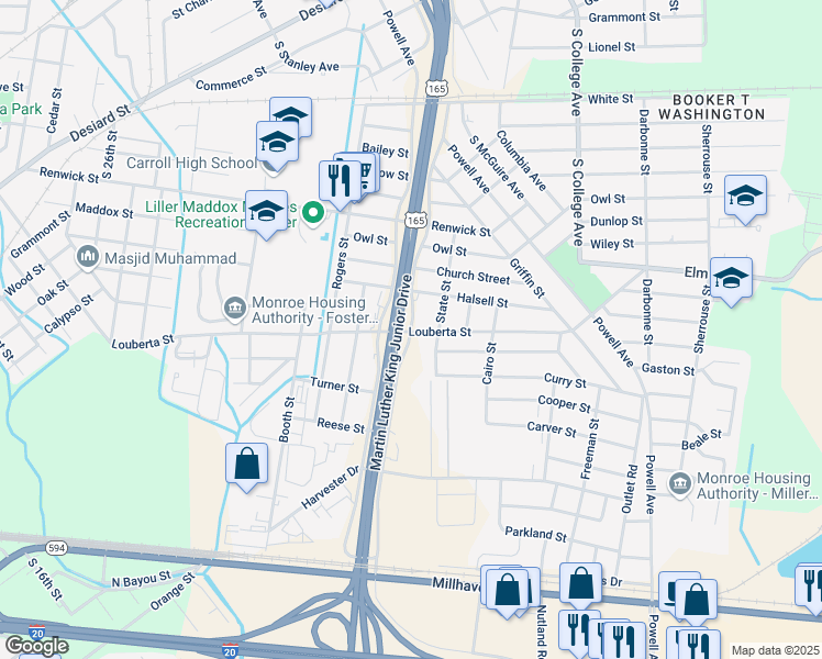 map of restaurants, bars, coffee shops, grocery stores, and more near 699 Martin Luther King Jr Dr in Monroe