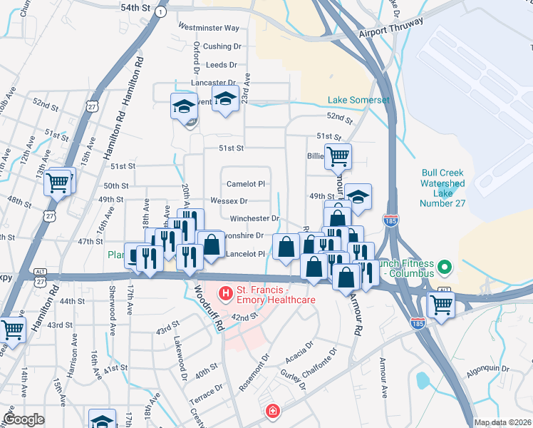 map of restaurants, bars, coffee shops, grocery stores, and more near 2325 Winchester Drive in Columbus