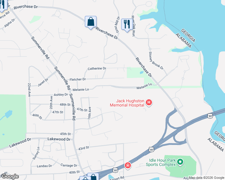 map of restaurants, bars, coffee shops, grocery stores, and more near 1403 Melanie Lane in Phenix City