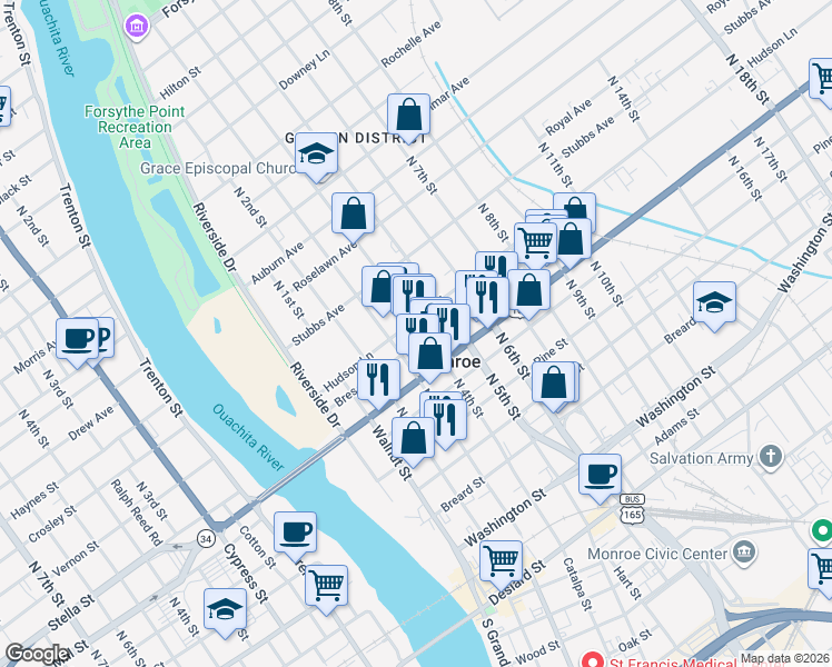 map of restaurants, bars, coffee shops, grocery stores, and more near 308 Bres Avenue in Monroe