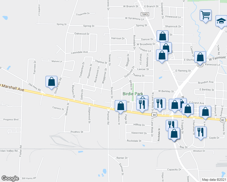 map of restaurants, bars, coffee shops, grocery stores, and more near 824 Fairway Drive in Longview