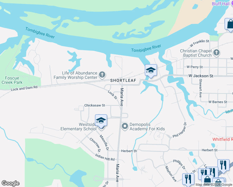 map of restaurants, bars, coffee shops, grocery stores, and more near 1510 Service Street in Demopolis