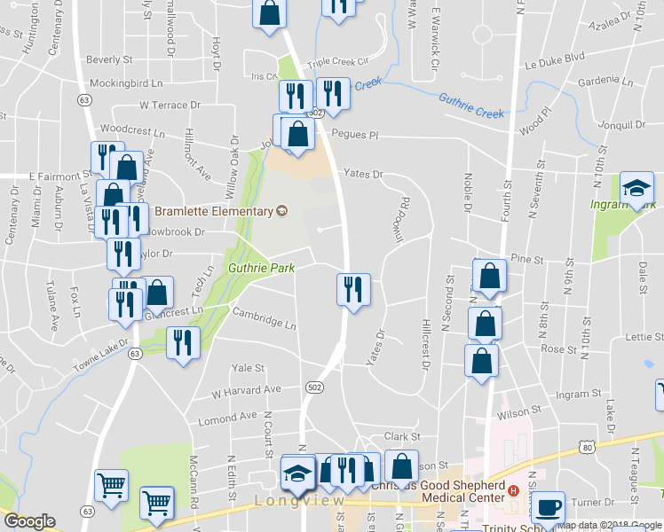 map of restaurants, bars, coffee shops, grocery stores, and more near 105 Tupelo Drive in Longview