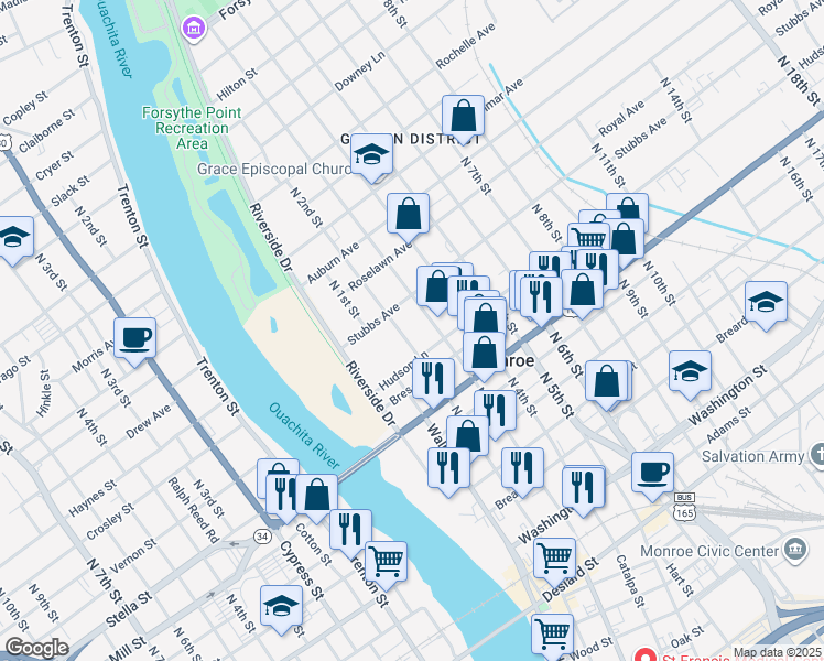 map of restaurants, bars, coffee shops, grocery stores, and more near 1011 North 3rd Street in Monroe