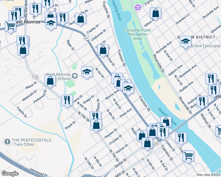 map of restaurants, bars, coffee shops, grocery stores, and more near 1403 North 3rd Street in West Monroe