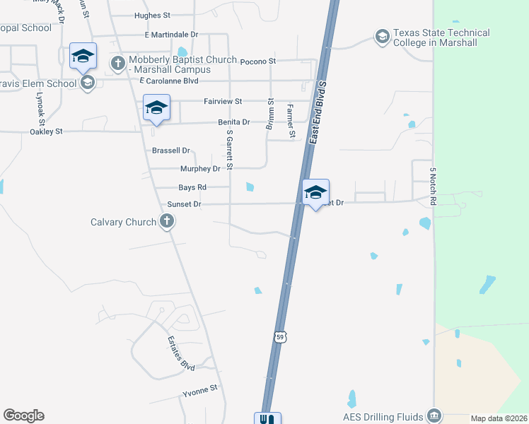 map of restaurants, bars, coffee shops, grocery stores, and more near 301-499 Sunset Drive in Marshall