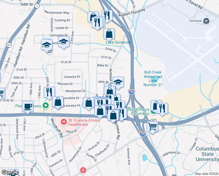 map of restaurants, bars, coffee shops, grocery stores, and more near 4809 Armour Road in Columbus
