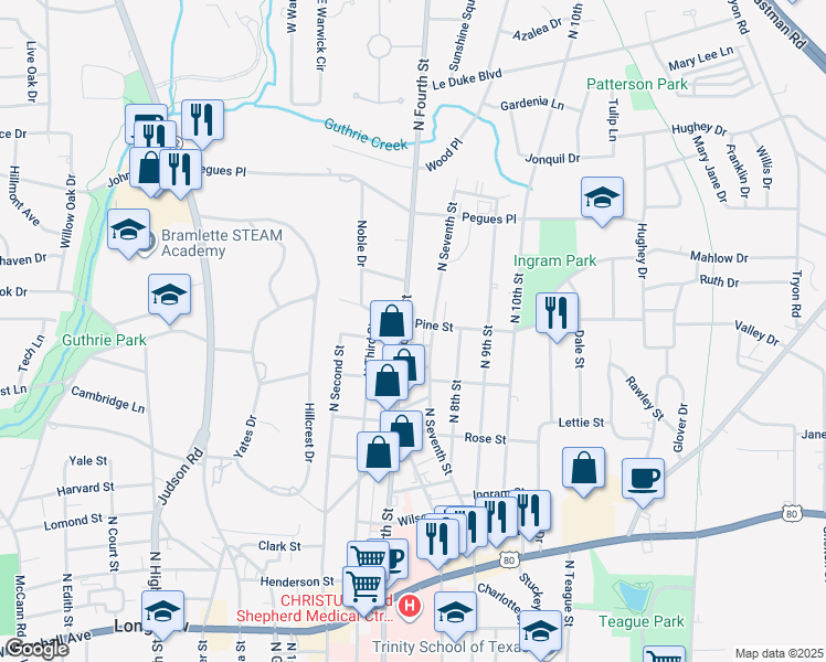 map of restaurants, bars, coffee shops, grocery stores, and more near 705 Pine Street in Longview