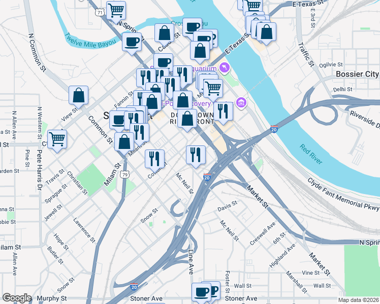 map of restaurants, bars, coffee shops, grocery stores, and more near 416 Cotton Street in Shreveport