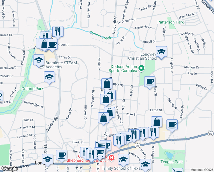 map of restaurants, bars, coffee shops, grocery stores, and more near 705 Pine Street in Longview