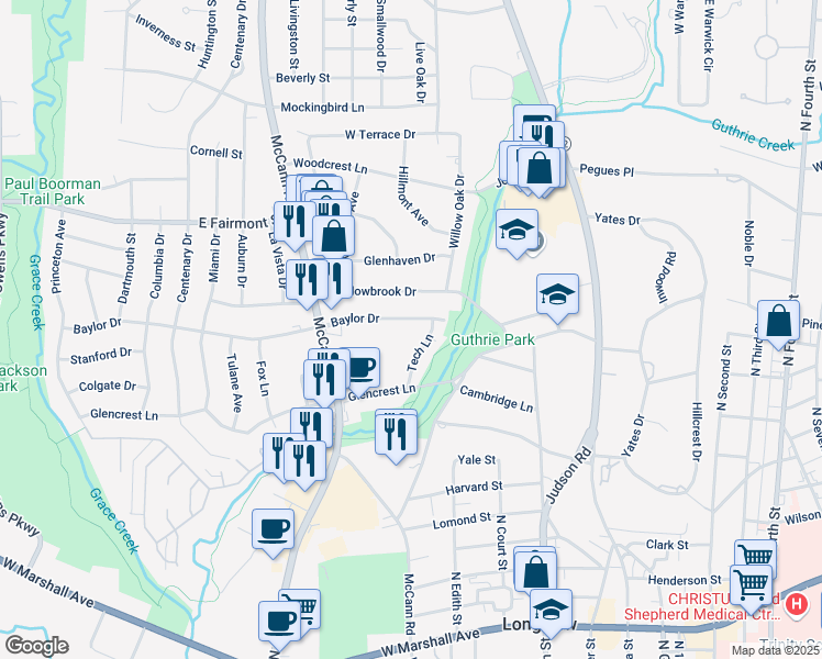 map of restaurants, bars, coffee shops, grocery stores, and more near 600 Baylor Drive in Longview