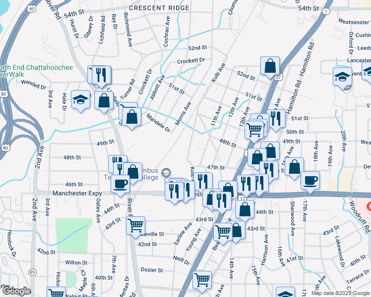 map of restaurants, bars, coffee shops, grocery stores, and more near 4753 Kolb Avenue in Columbus