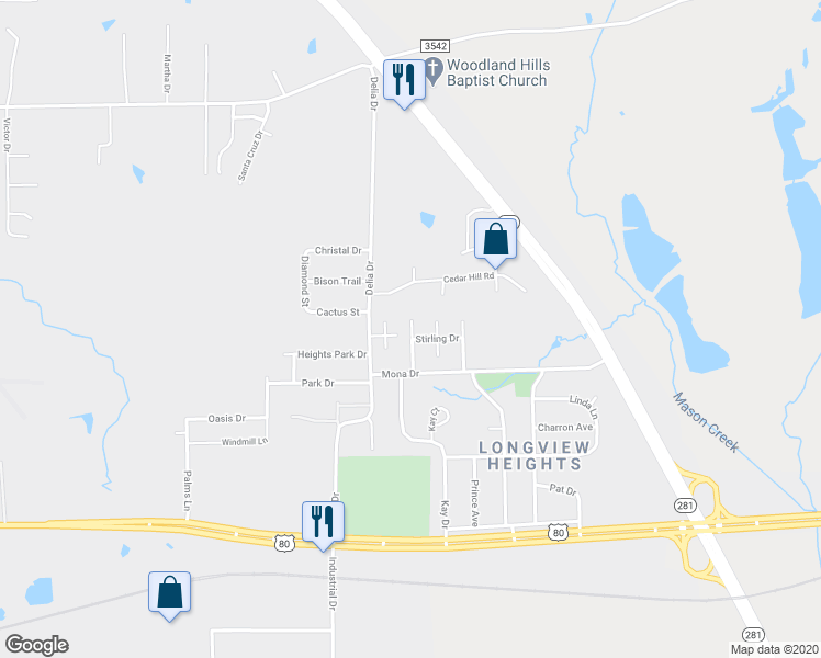 map of restaurants, bars, coffee shops, grocery stores, and more near 903 Woodridge Court in Longview