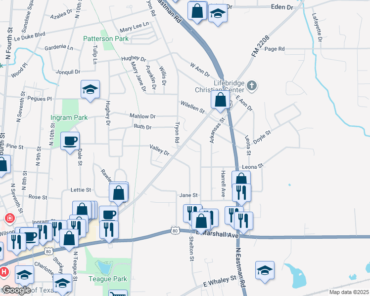 map of restaurants, bars, coffee shops, grocery stores, and more near 1711 Alpine Road in Longview