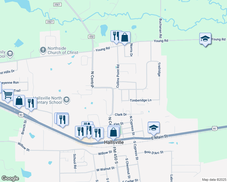 map of restaurants, bars, coffee shops, grocery stores, and more near 416 North Central Street in Hallsville