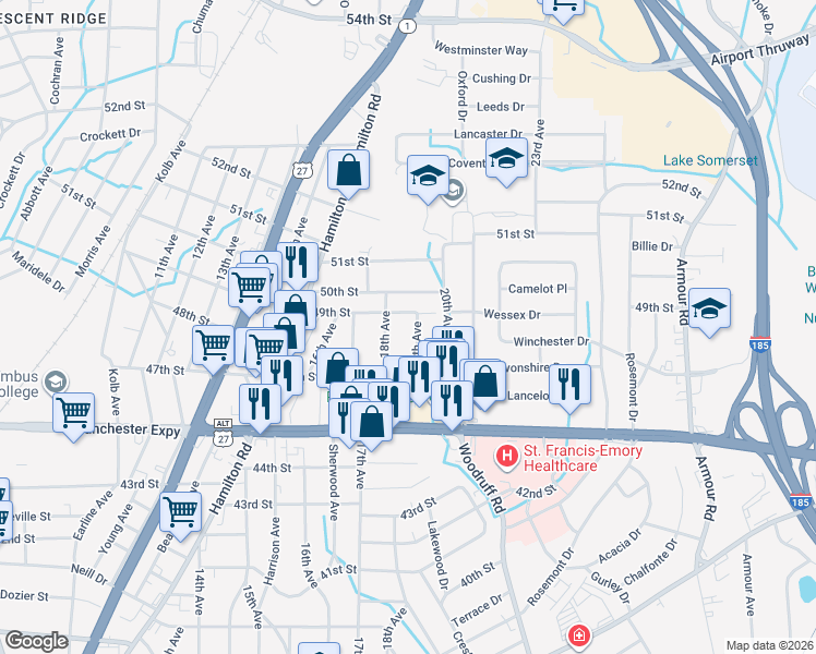 map of restaurants, bars, coffee shops, grocery stores, and more near 4821 19th Avenue in Columbus