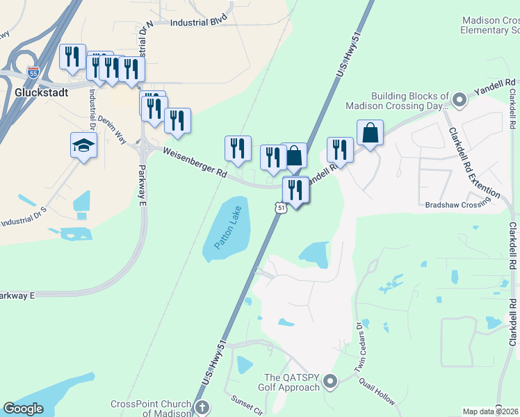 map of restaurants, bars, coffee shops, grocery stores, and more near 122 Yandell Road in Canton