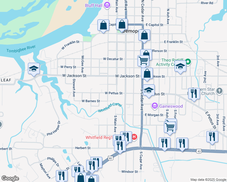 map of restaurants, bars, coffee shops, grocery stores, and more near 605 South Commissioners Avenue in Demopolis