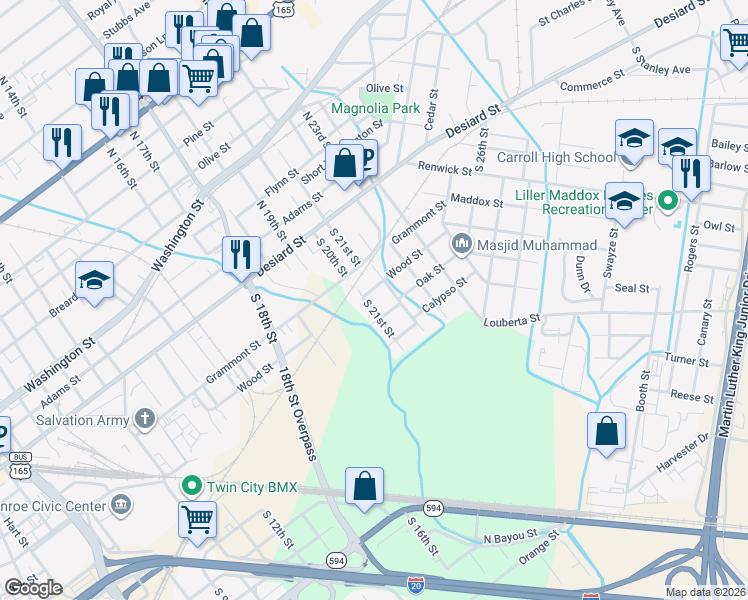 map of restaurants, bars, coffee shops, grocery stores, and more near 2101 Wood Street in Monroe