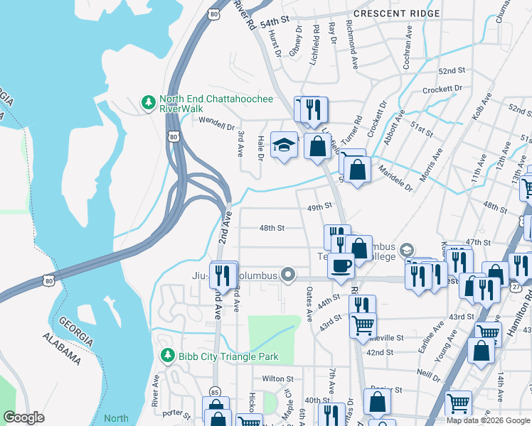 map of restaurants, bars, coffee shops, grocery stores, and more near 405 49th Street in Columbus
