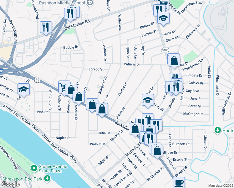 map of restaurants, bars, coffee shops, grocery stores, and more near 1169 Dudley Lane in Bossier City