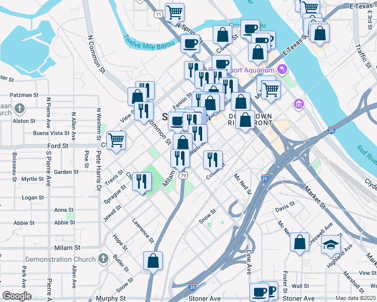 map of restaurants, bars, coffee shops, grocery stores, and more near 705 Texas Street in Shreveport