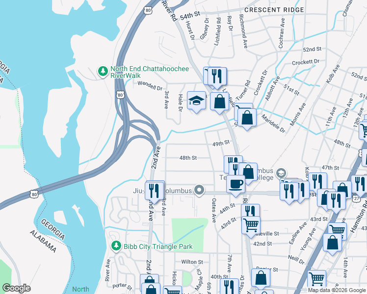 map of restaurants, bars, coffee shops, grocery stores, and more near 406 49th Street in Columbus