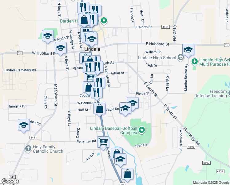 map of restaurants, bars, coffee shops, grocery stores, and more near 512 South Industrial Street in Lindale