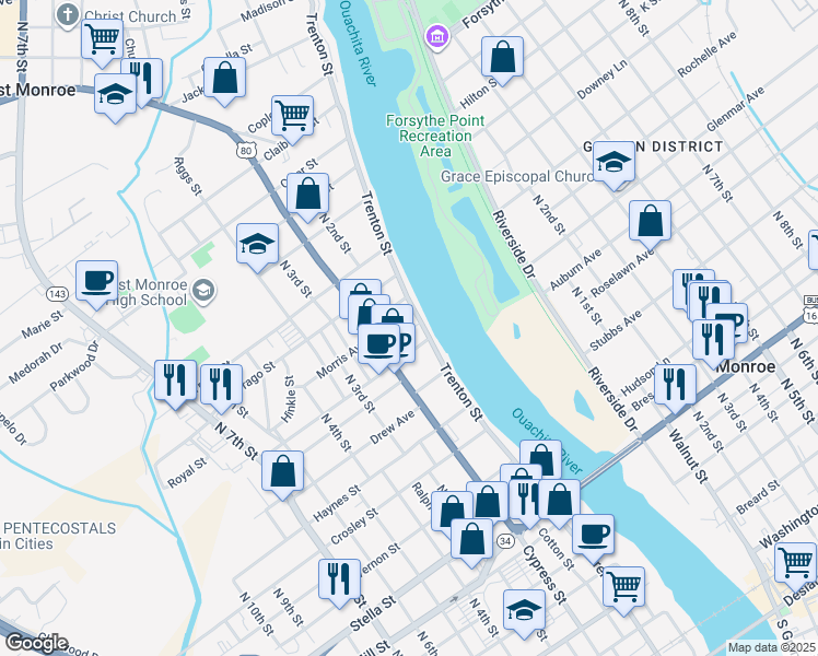 map of restaurants, bars, coffee shops, grocery stores, and more near 1217 Trenton Street in West Monroe