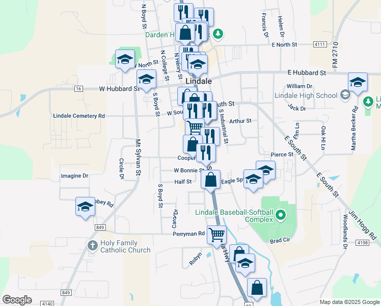 map of restaurants, bars, coffee shops, grocery stores, and more near 521 South Main Street in Lindale