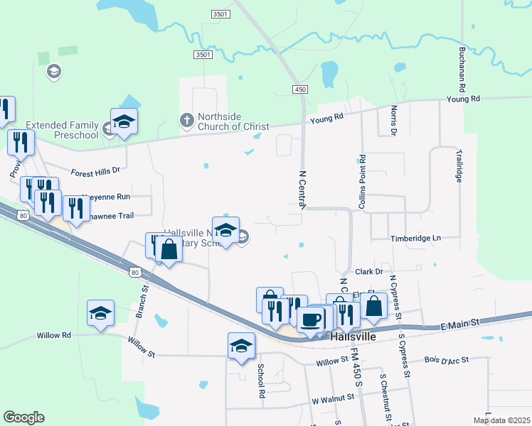 map of restaurants, bars, coffee shops, grocery stores, and more near 122 Garner Lane in Hallsville