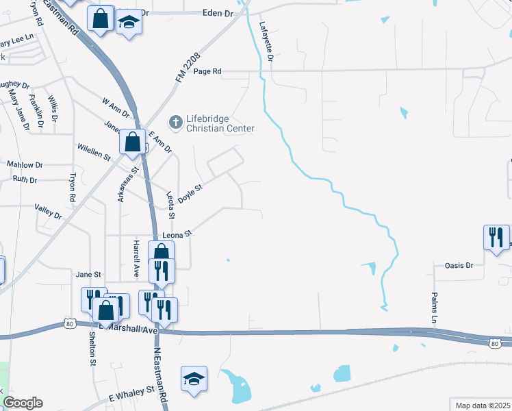 map of restaurants, bars, coffee shops, grocery stores, and more near 2057 Leona Street in Longview