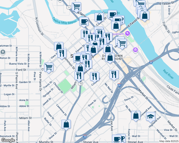 map of restaurants, bars, coffee shops, grocery stores, and more near 601 Milam Street in Shreveport