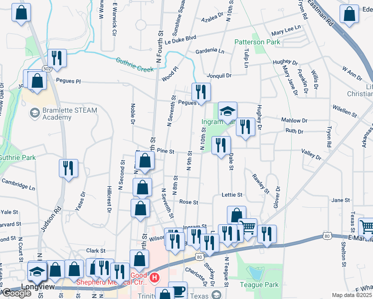 map of restaurants, bars, coffee shops, grocery stores, and more near 1003 Pine Street in Longview